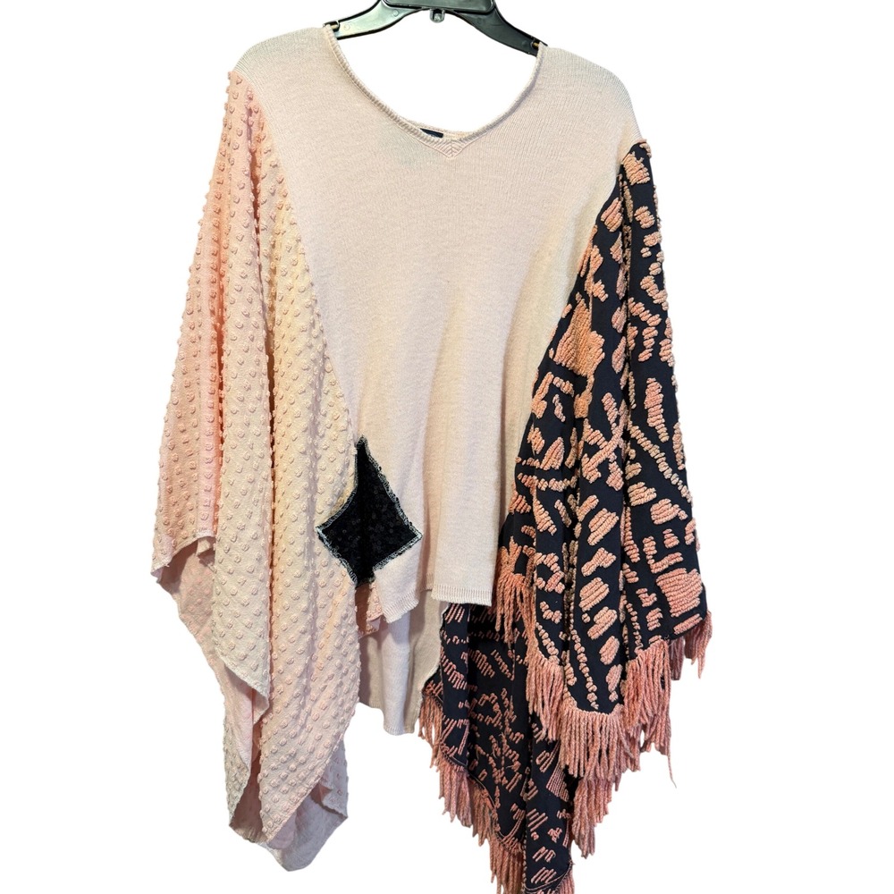 Puritan Mixed Media Poncho Sweater Pink Navy Fringe Swiss Dot Sequin V-Neck
